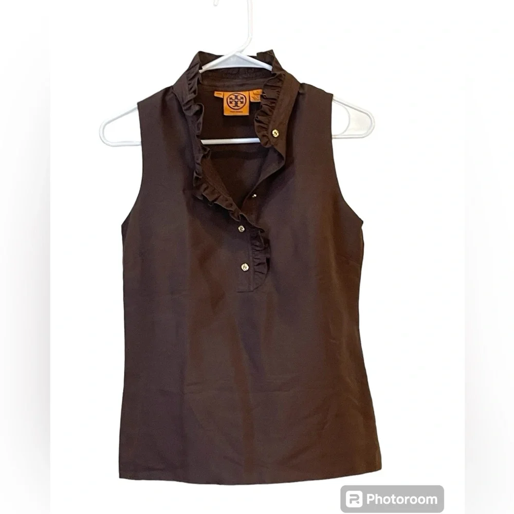 Tory Burch Brown Sleeveless Ruffle Polo Top